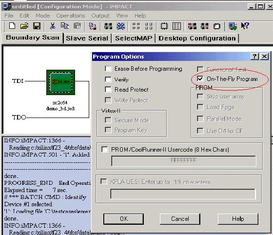 On the Fly Reconfiguration with CoolRunner-II CPLDs R Figure 4: impact Programmer Window with OTF Programming Option Checked At the appropriate point in time, when we wish to activate pattern P2, we