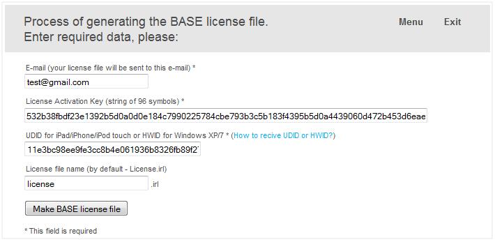 13 Activation of the iridium Base License Key In order to activate a Base license you will be required to enter the following information in corresponding fields: your e-mail address where the