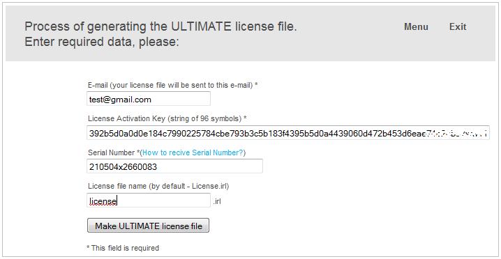 15 Activation of the iridium Ultimate License Key In order to activate the Ultimate license you will be required to enter the following information in corresponding fields: your e-mail address where