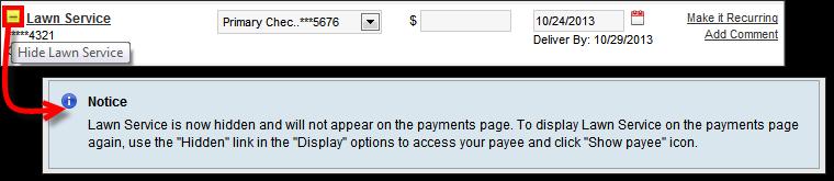 Payment tab will allow users to Hide payees.