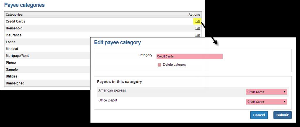 View Categories All payees who have not been assigned to a category