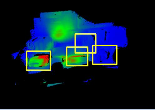 The bottom row is large scene which target object is air-conditioner captured with Optris PI 160. Target objects are emphasized with yellow lines.