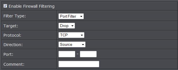 Enable Source IP Filtering: Check this option to enable source IP filtering Filter Type: Select IP Filter in the pull down menu Protocol: Select the protocol you would like to filter.