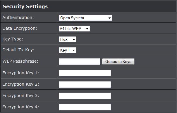 WEP settings to configure and click Apply to save the changes. Note: It is recommended to use Open System because it is known to be more secure than Shared Key.