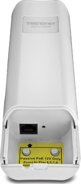 Access Point Front View with Bottom Cap Removed PoE Adapter View DC Power Port Ethernet Port Reset Button LAN PoE Ethernet port: 1x 10/100Mbps Auto-MDIX port.