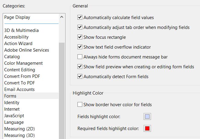 ACROBAT general settings - Edit > Preferences (CTRL + K) o Forms Uncheck Show border