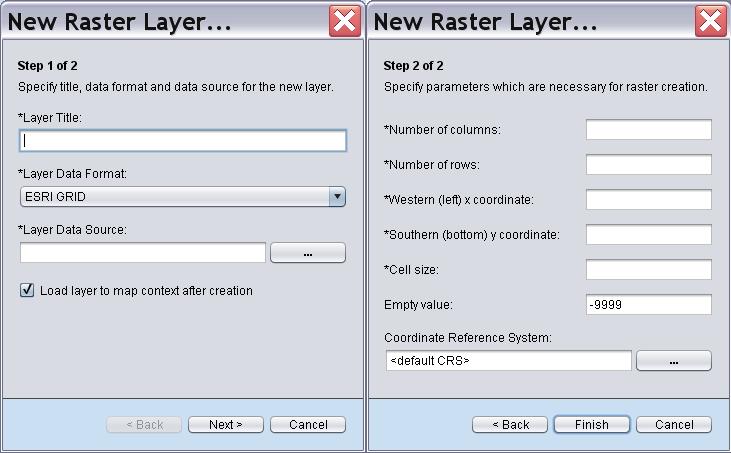 Figure 10. New raster layer creation wizard To add a new vector layer to a project: 1. Open shape file chooser dialog (Main Menu Layer Add Vector Layer). 2. Select shape file (*.