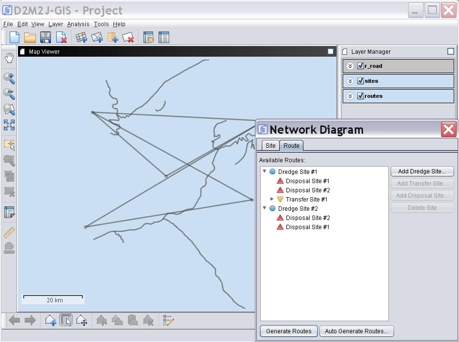 Network Diagram Builder Example of Use 1. Add vector layer to an empty project (Main Menu Layer Add Vector Layer). As an example use r_road.shp. The default project will be created automatically. 2.