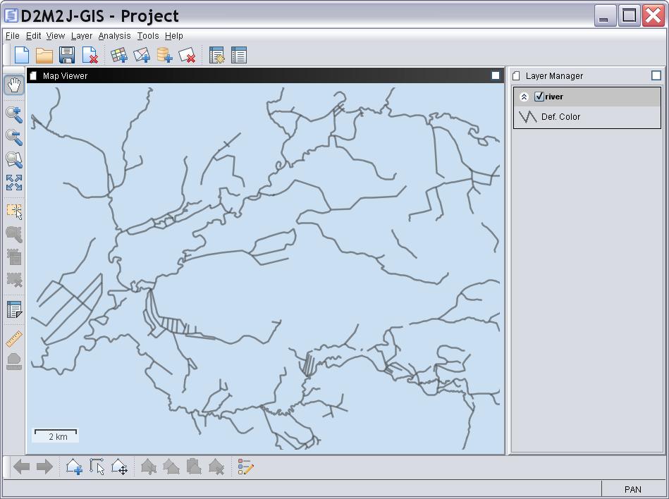 User Interface D2M2-GIS provides a user-friendly graphical interface that includes following components: 1. Main Menu Bar 2. Main Toolbar 3. Map View Toolbar 4. Map Edit Toolbar 5. Map Viewer 6.