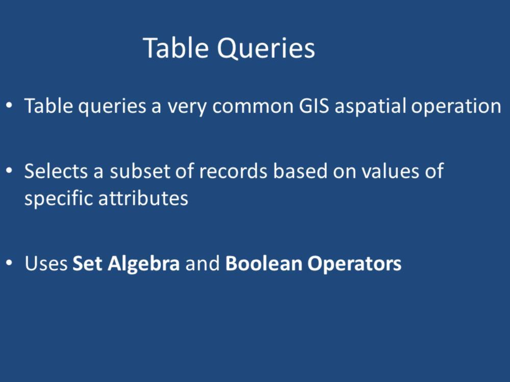 A table query is a very common GIS aspatial operation. A table query selects a subset of records based on values of specific attributes that meet certain criteria.