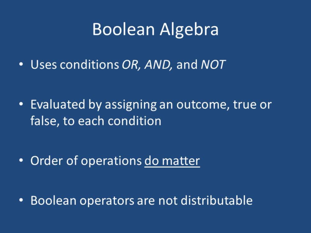Now that we are familiar with set algebra; let s move on to Boolean algebra. Boolean algebra is going to allow us to combine multiple set algebra operations into a more complex table query.