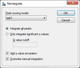 Click the OK button. Now try reintegrating in a slightly different way by doing the following: Edit Refine Reintegrate Select Only integrate significant q values In the Q value cutoff field, enter 0.