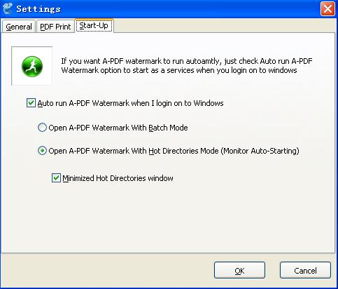 Setting- Start Up If you want Boxoft PDF Stamper to run automatly, just check Auto run Boxoft PDF Stamper option to start it as a services when you login on to windows