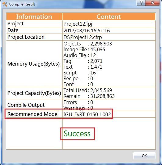 a success message appear when compiled success.