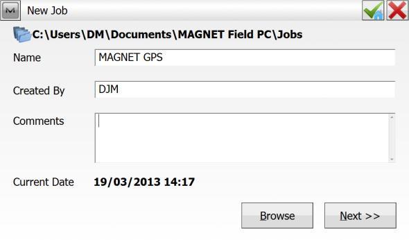 New Job on MAGNET For GPS Surveying After selecting New Job on the MAGNET, Type in the Job