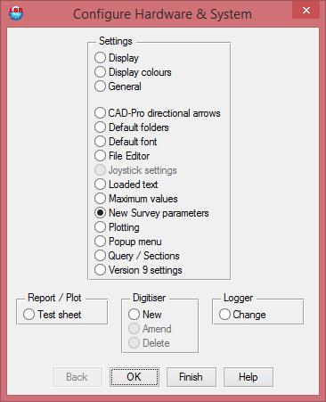 New survey parameters holds the default settings for when a New survey is created; Control tolerances - for Control Observation warnings and errors.