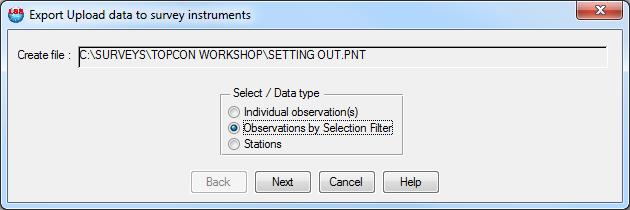 Exporting Survey / Design Data to Topcon - MAGNET Choose the default- Observations by Selection filter Click Next Note: The observations can have the code added to the point number, which can also be