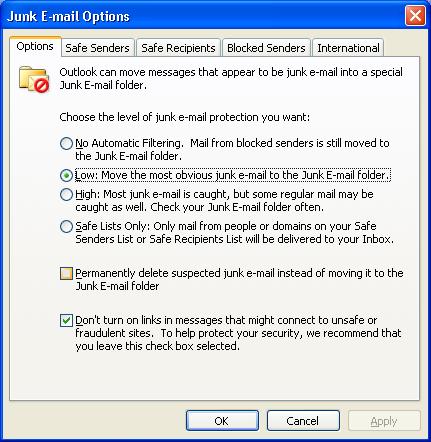 The Preferences Tab Junk Email Junk Email is handled very effectively by Outlook 2003. It is very simple to turn on Junk Mail Handling.