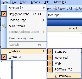 Customizing the Tool Bar Under the View menu on the menu bar, you also have the capability to customize your Outlook toolbar.