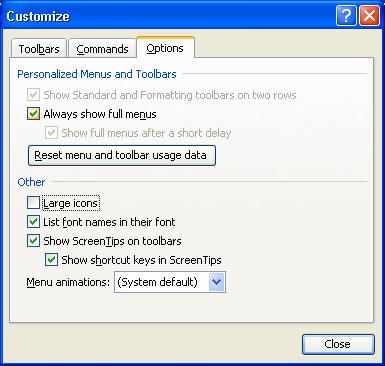 The Commands tab allows you to add additional Outlook commands to existing toolbars. The Options tab also allows customization of the toolbars.