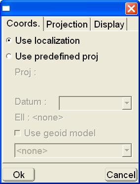 Data Menu The Coords tab on the control options dialog box displays (Figure 3-33) the type of coordinates system to use for jobsite control, and selects the geoid model to use. Press Ok when done.