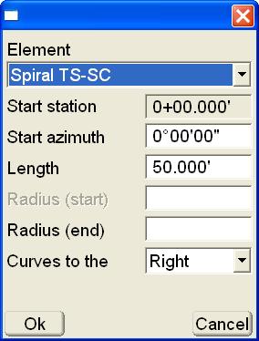Data Menu Start station: the starting station displays at the interval set for each element. Start azimuth: enter the starting azimuth. This box is only available for the first element.