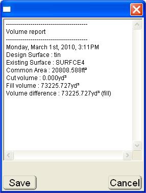Volume difference. To save the information: 1. Press Save on the Volume report dialog box. 2. Enter the name of the text file. 3.