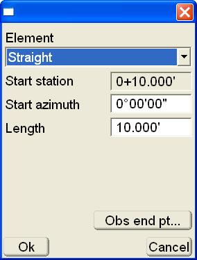 Data Menu Start station: the starting station displays at the interval set for each element. Start azimuth: enter the starting azimuth. This field is only available for the first element.