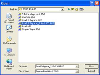 Data Menu Figure 3-81. Import from a Topcon Road File The file explorer dialog box displays (Figure 3-82). Choose an RD3 file from the drop-down list in the Look in field.