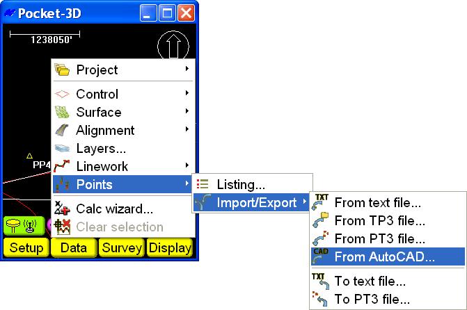 Data Menu From AutoCAD To import points from an AutoCAD (.dxf) file, tap Data Points Import/Export From AutoCAD (Figure 3-110). Figure 3-110.