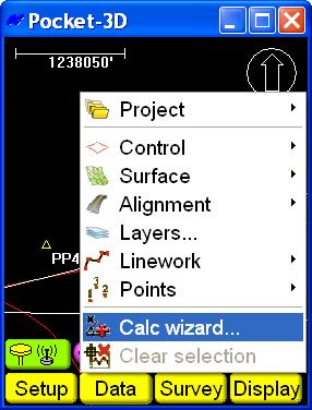 Calculation Wizard Calculation Wizard To perform calculations, tap Data Calc wizard (Figure 3-117). The following sections describe the types of calculation possible with Pocket-3D. Figure 3-117.