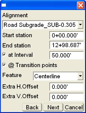Data Menu Start station the start station of the selected alignment (created using Data Alignment). To select a different start station, enter the desired start station.