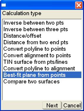 Calculation Wizard Best-fit Plane from Points On the Calculation type dialog box, select Best-fit plane from points, then press Next (Figure 3-145).
