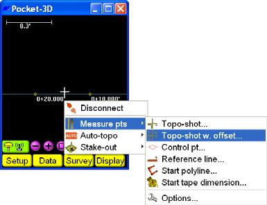 Survey Menu Topo-shot With Offset To collect a topo-shot with offset, tap Survey Measure pts Topo-shot w. offset (Figure 4-6). Figure 4-6.