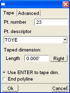 Survey Menu Right/Left: tap to toggle the entered tape dimension length either to the right or left of the last reference point.