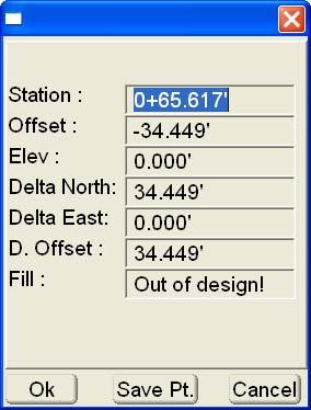 Elev shows the current elevation. Cut/fill shows the current cut/fill information. Ok press to save and return to the Main Screen. Save Pt.