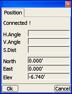 The Position tab displays the following information (Figure 1-23): whether or not the prism is connected and tracks the total station horizontal/vertical angles and slope distance to the prism
