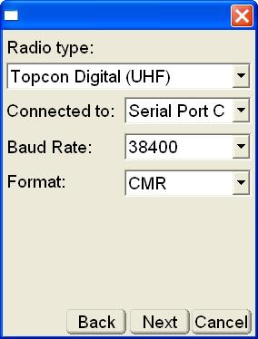 Setup Menu Radio type for a HiPer Lite, the default is selected; otherwise, select the radio type for the receiver. Connected to select serial port (usually Port C) from the drop-down list.