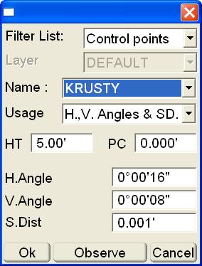 Station Setup Usage select either H. Angle only, H.&V. Angles, H.,V. Angles & SD., or Disabled to specify how the control point will be used. HT enter the height of the control point s prism. H.Angle enter the horizontal angle difference.