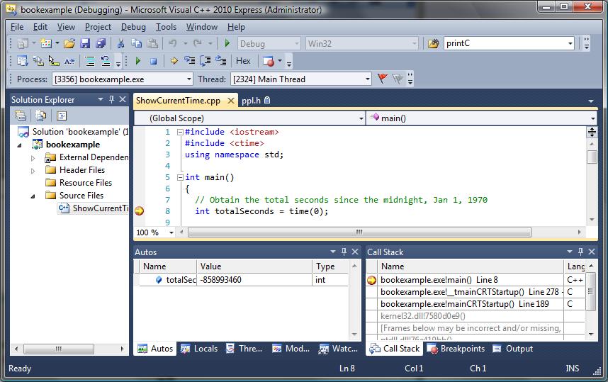 Figure 2 The debugging windows appear in the IDE. The Autos window displays variables and expressions from the current line of code, and the preceding line of code. See Figure 3.