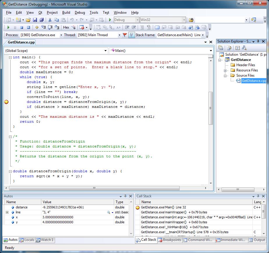 Figure 2. Using the Visual Studio debugger 2. The bottom-left pane contains all variables and associated values contained in the stack frame highlighted in the Call Stack list.