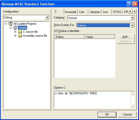 c) To add the compile option, select Renesas M16C Standard Toolchain under the Build menu.