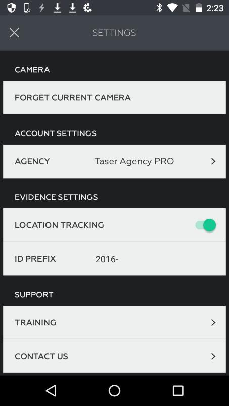 Evidence Settings The options under Evidence Settings affect the metadata that the app can add to video evidence files on a paired Axon camera.