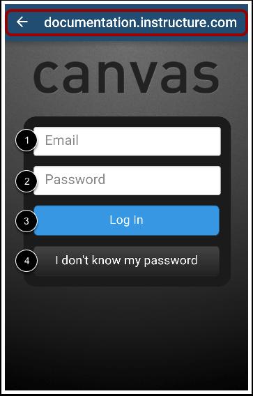 Enter Login Credentials After you've located an account, you can view the Canvas URL at the top of the screen. Enter your email [1] and password [2]. Tap the Login button [3].