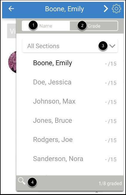 Filter Student List If you have a large course, you can filter assignment submissions in several different ways. By default, the app shows student names [1].