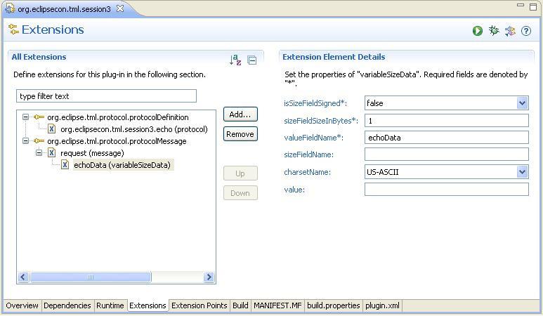 Select the Extensions tab and add an extension of type org.eclipse.tml.protocol.