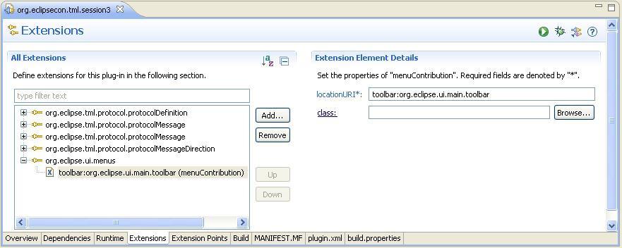 Rightclick on the extension and add an element of type menucontribution, filling in the locationuri field with toolbar:org.eclipse.ui.main.