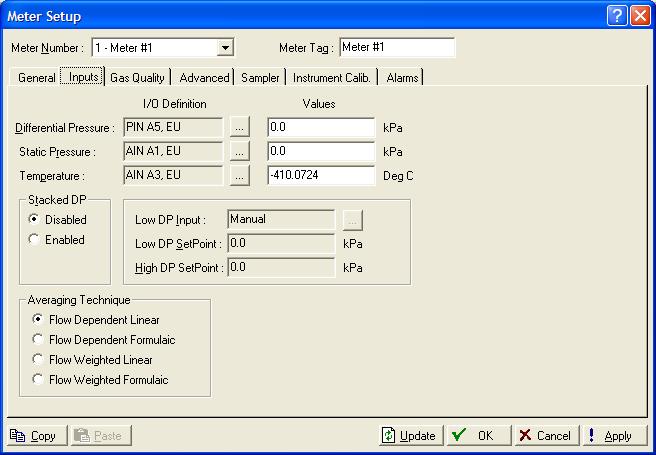 3.3 Meter Setup Screen Inputs Tab Use the Inputs tab on the Meter Setup screen to identify the I/O definitions and values for differential pressure, static pressure, and temperature. 1.