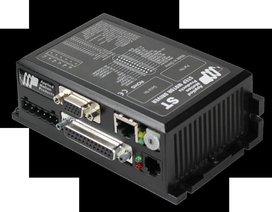 Applied Motion Products EtherNet/IP Drive Models ST5-IP-EN, ST5-IP-EE 24-48 VDC powered 5A/phase 1 MBit Ethernet Anti-resonance and electronic damping Encoder feedback