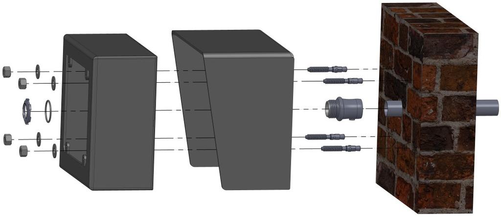 1. Using a ½ conduit plug and the appropriate drywall or concrete anchors for your application, affix back box to wall with or without optional weather hood, as shown below.